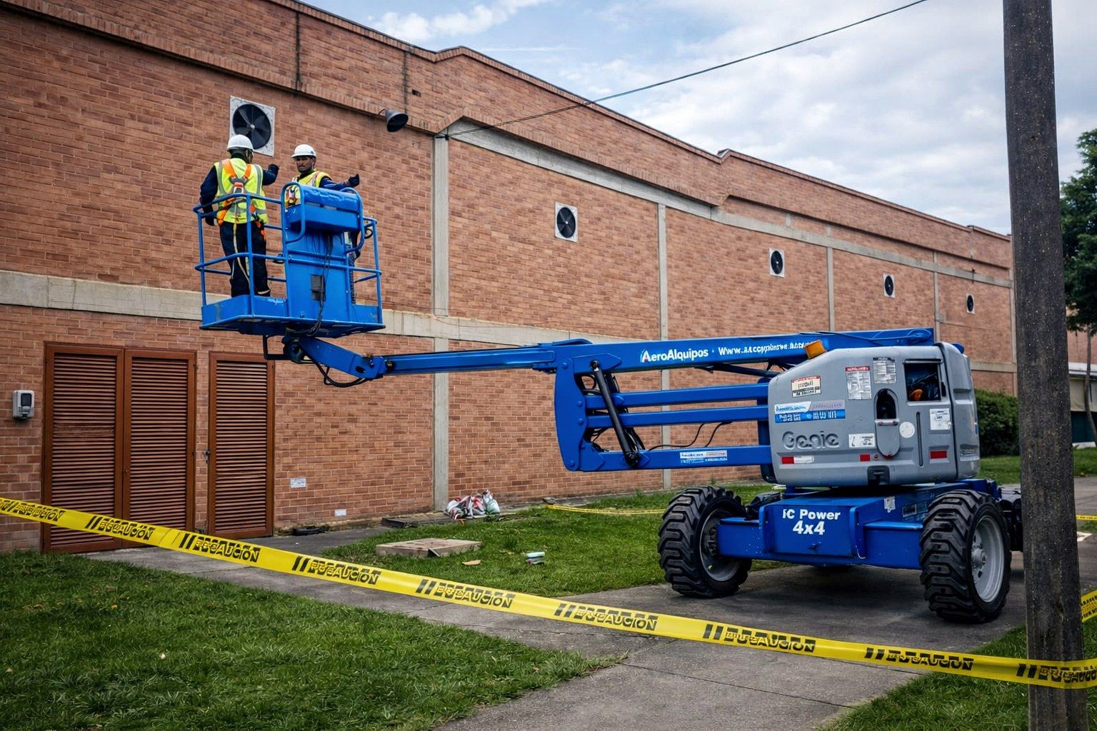 Técnicos en plataforma elevadora trabajando en fachada