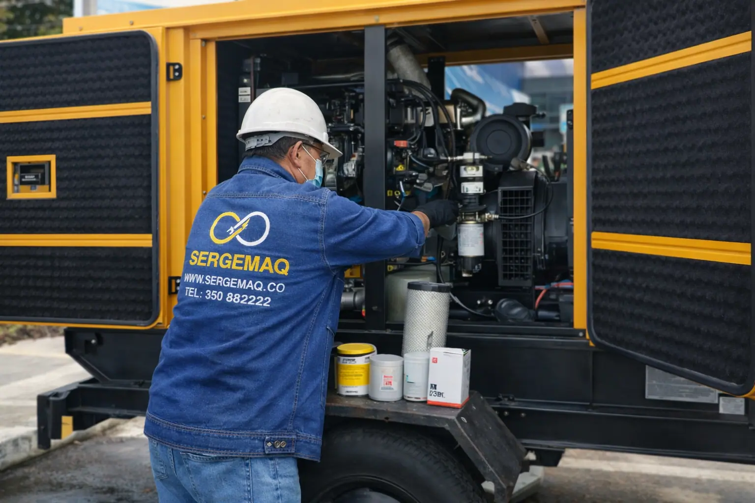 Técnico de SERGEMAQ realizando el cambio de filtros de una planta eléctrica, con los repuestos dispuestos al lado